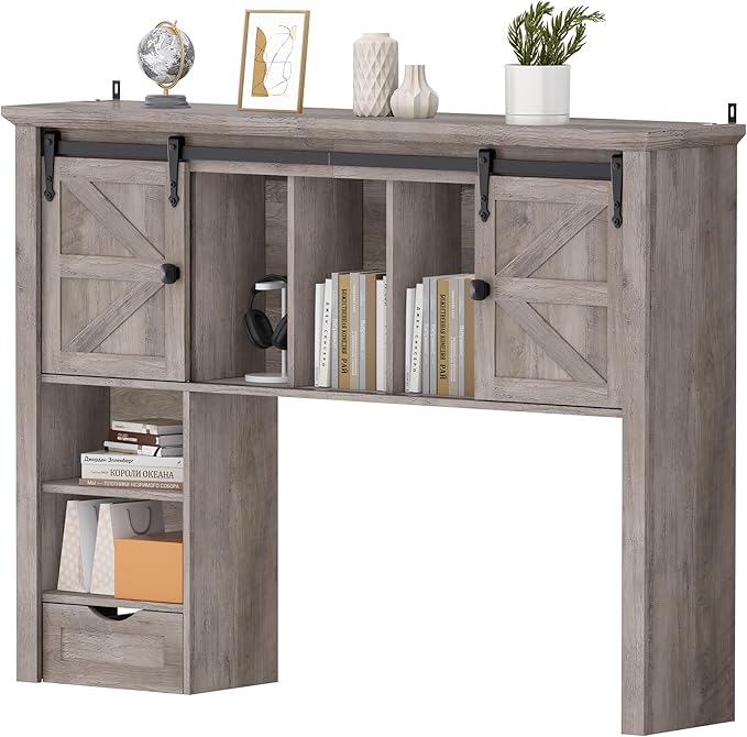 Large Desktop Bookshelf with Sliding Barn Door, 47.2''W Desk Shelf Display Rack, Desktop Organizer Storage Rack with 7 Cubbies and Drawer, Home, Desk Shelf for Office, Dorm, Vanity, Grey