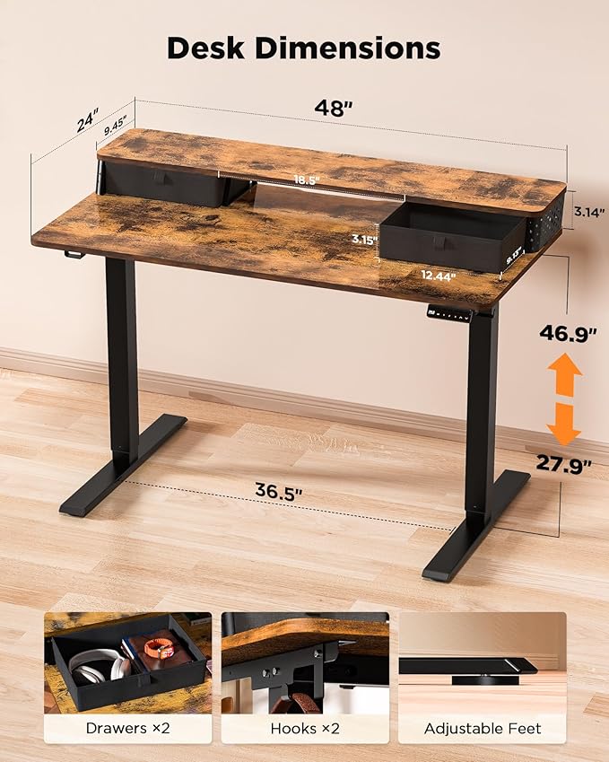 FiCiHi 48x24 Inch Standing Desk with Drawers, C-Clamp Mount Compatible, Electric Adjustable Height Computer Stand Up Desks, Home Office Sit Stand Table with 3 Preset Heights, Rustic Brown
