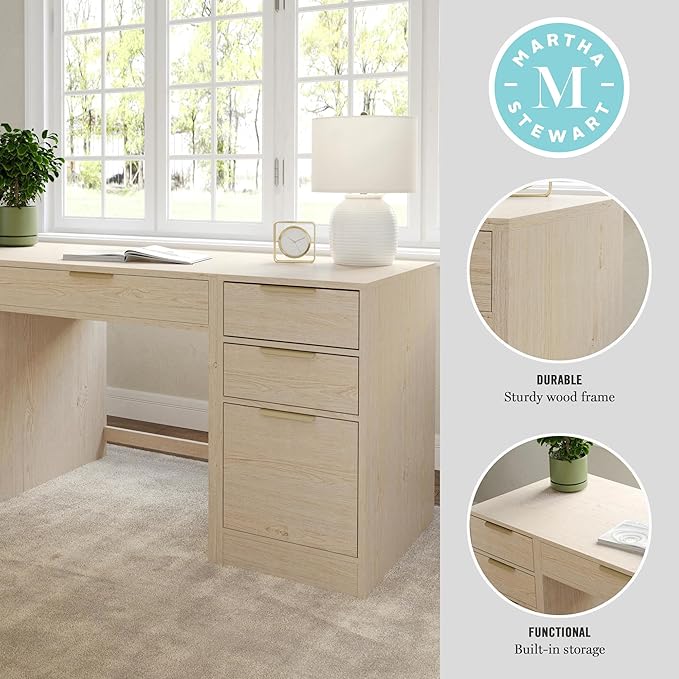 Martha Stewart Kayden Home Office Modular Desk with Drawer and Dual 3 Drawer File Cabinets in Light Natural with Brushed Gold Hardware