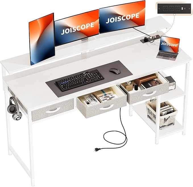 JOISCOPE Home Office Desk with Power Outlets (3AC, USB, Type-C), 60 × 20 Inch Computer Desk with 3 Drawers & Shelves, Laptop Table with Display Riser, Gaming Study Drafting Table for Bedroom, White
