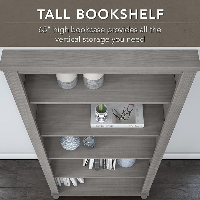 Bush Home Somerset 72W L Shaped Desk with Hutch and 5 Shelf Bookcase in Platinum Gray