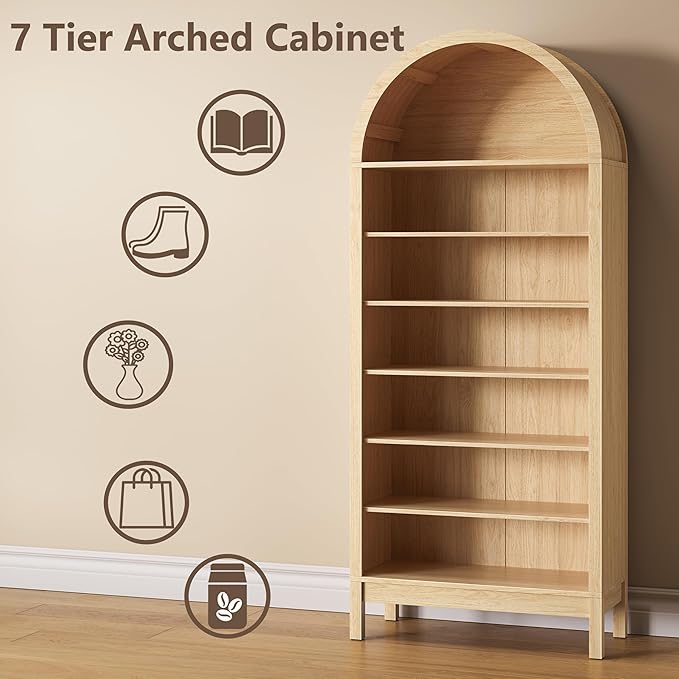 Wodeer Tall Arched Bookshelf, 7-Tier Bookcase with 3 Adjustable Shelves, Modern Farmhouse Storage Shelf for Living Room, Entryway, Office, 29.5" W x 70.1" H x 13.8" D, Natural Oak