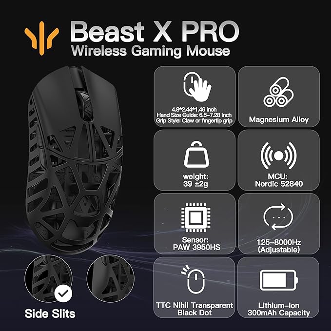 WLMOUSE Beast X Pro Ultra-Light 39g Magnesium Gaming Mouse, PAW3950 HS Sensor, 8K Polling Rate, 30000 DPI,OM & TTC Switches, Customizable Side Panels.(Black(TTC Switch-Side Slits))