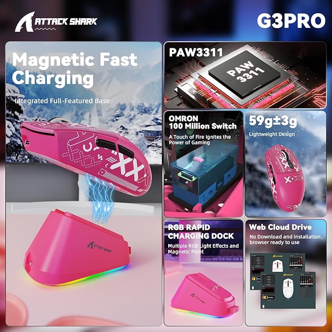 ATTACK SHARK G3 Pro Wireless Gaming Mouse with Magnetic Charging Dock,PixArt PAW3311 Gaming Sensor,BT/2.4G Wireless/Wired Gaming Mouse,25000 DPI,59g Superlight Gamer Mice for PC/Win/PS/Mac(Rose)