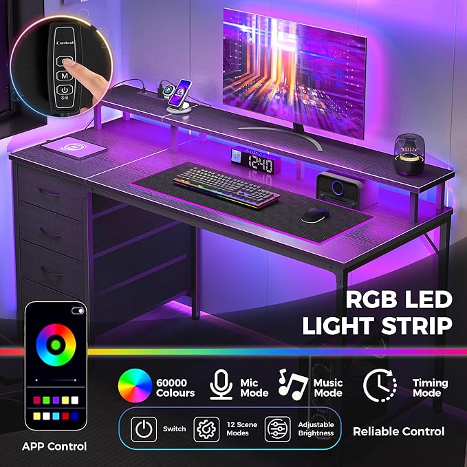 DUMOS 47 Inch Computer Desk with 4 Drawers,4 Drawer Gaming Desk with Power Outlets and LED Lights,Office Desk for Small Spaces with Monitor Shelf,Writing Desk for Home Office, Bedroom,Study,Black
