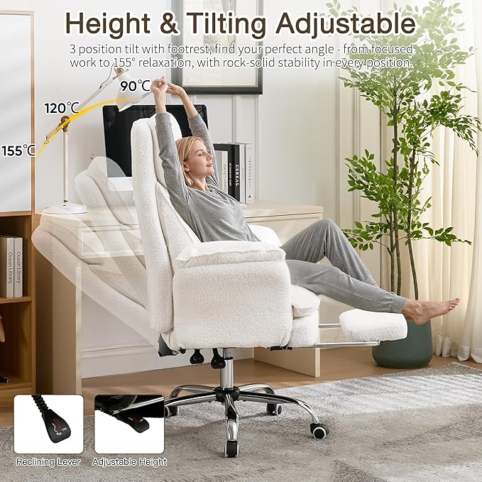 Ergonomic Cloud Cross Legged Office Chair with Footrest,Teddy Fleece Big and Tall Executive Chair with Wheels,Reversible Armrest,155° Reclining Computer Wide Desk Chair for Home,Office (Beige)