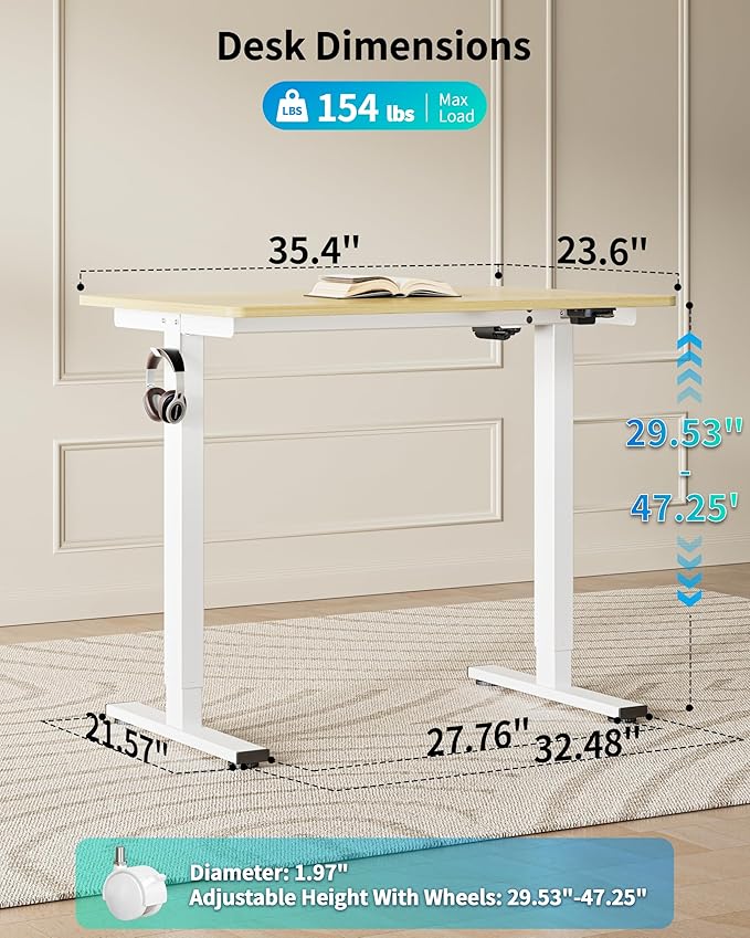 BIZUM 35.4" Small Electric Standing Desk Height Adjustable, Whole Piece Stand Up Computer Desk Work Study Writing Gaming Desks for Home Office Oak
