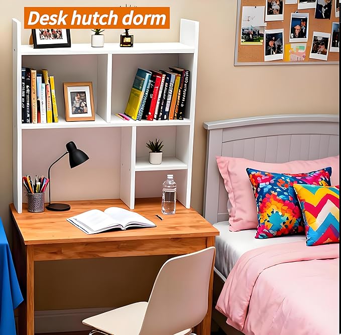 Desk Hutch Dorm Desktop Bookshelf, Wooden Desk Storage Hutch with 6 Shelves for Computer Desk, 4-Tier Desktop Display Organizer Rack for Office Home