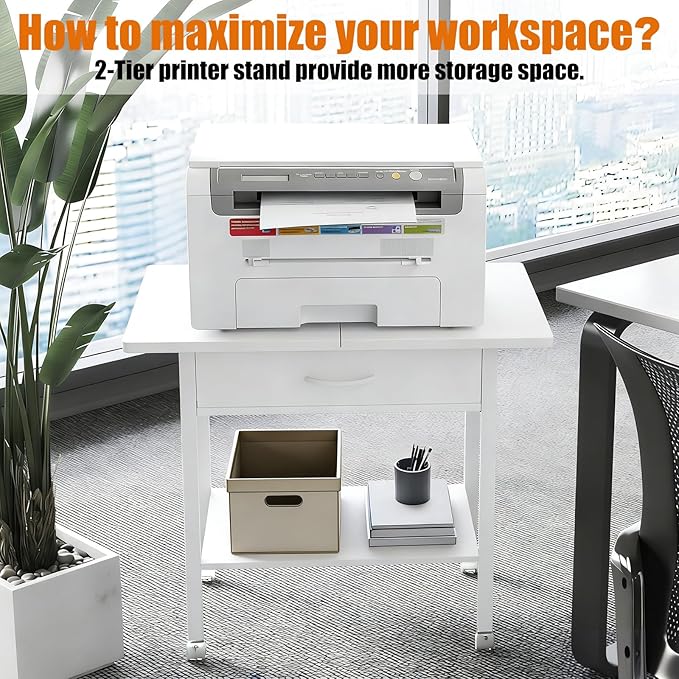 22" x 15" Under Desk Rolling Printer Stand, 2-Tier Industrial Mobile Printer Table with Strong Fabric Drawer, Storage Shelf, Steel Frame and Lockable Wheels, Printer Cart for Home Office (White)