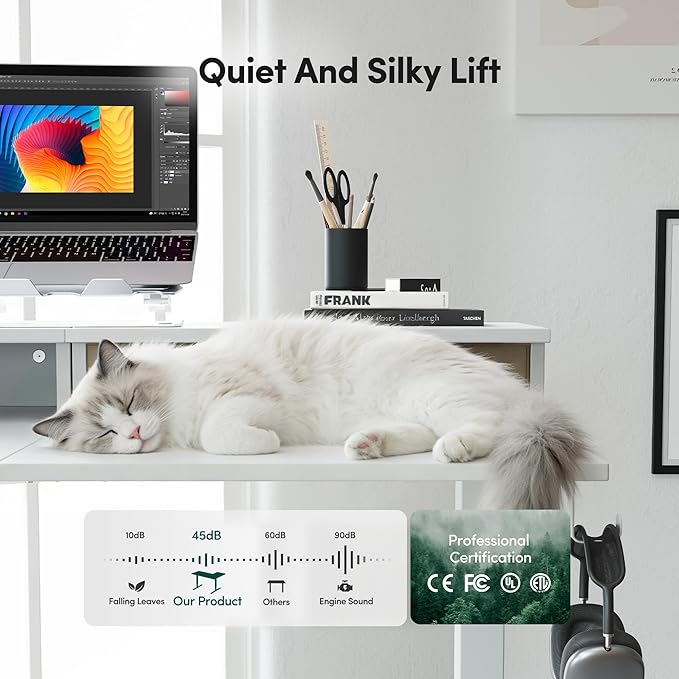 CubiCubi L Shaped Standing Desk with Drawers 63 x 48 Inch Adjustable Height, Electric Corner Desk with Storage, Sit Stand Home Office Desk with Splice Board, White