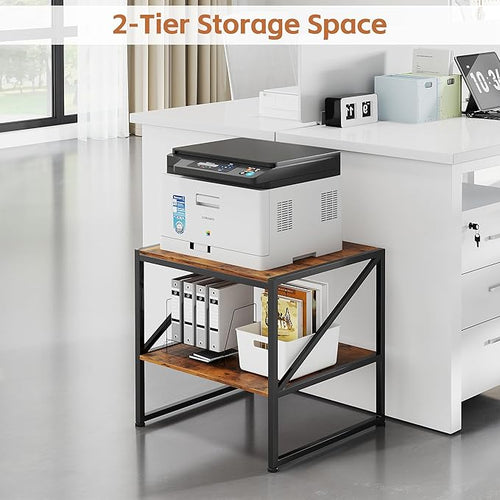 2-Tier Large Priner Stand with Charging Station, 20" Under Desk Printer Table with Power Outlets and USB Ports for Home Office, Heavy Duty Storage Rack for Scanner Fax Machine Heat Press, Rustic Brown
