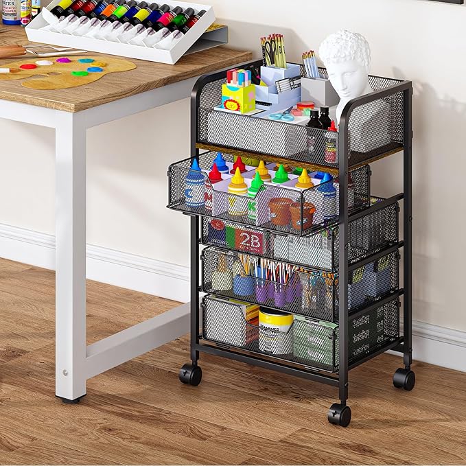 5-Tier Craft Organizer Cart with Wheels-Storage Cart with Drawers,Lockable Wheels Rolling Utility Cart,Makeup Cart with DIY Divider,Office Supply Organizer Storage for Studio,Office Patent Pending