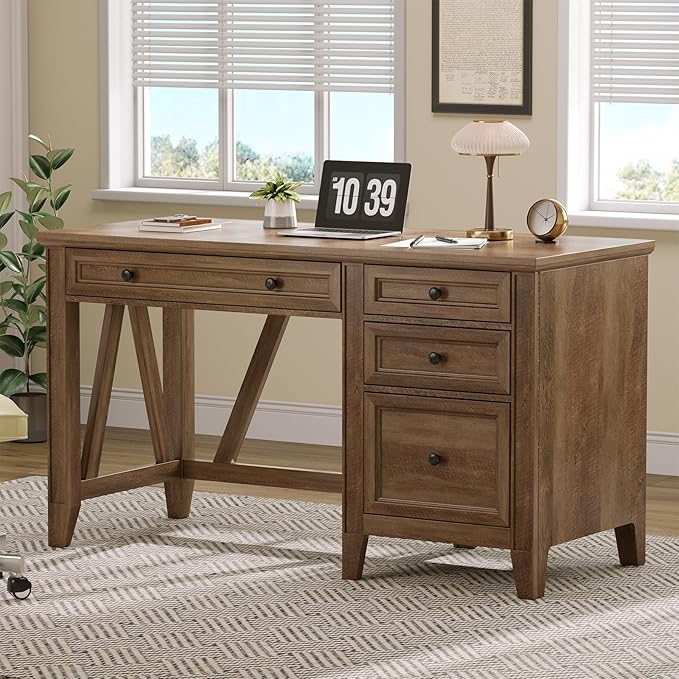 ONBRILL 54 Inch Farmhouse Executive Desk, Computer Desk with Drawers, Home Office Desk with Charging Station, for Working Studying Writing, Brown