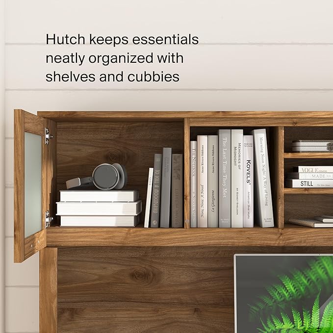 Bush Furniture Somerset L Shaped Desk with Hutch in Fresh Walnut | Corner Computer Table with Drawers, Cabinets and Pullout Keyboard/Laptop Tray for Home Office