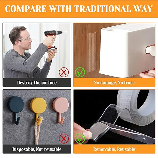 Double Sided Tape Heavy Duty for Wall Decor No Damage to Paint,Clear Removable Mounting Tape,Nano Two Sided Adhesive Tape,Picture Hanging Strips for Posters, 2Rolls(1.18inx6.5FT+0.39inx6.5FT)-Grid