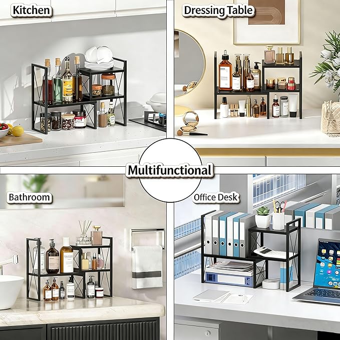 Desktop Shelf Organizer, Small Bookshelf for Office, Wood Shelves, Office Organization and Storage (Black)