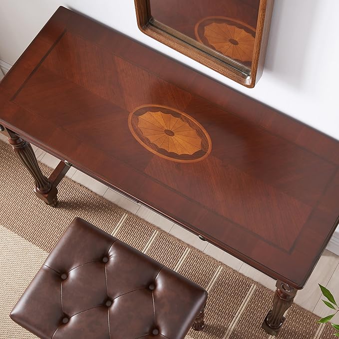 Vintage Wooden Writing Desk Stool Set, Small Secretary Desk and Cushioned Stool Set with 2 Drawers, 39.4" W Wood Writing Table Vanity Makeup Table Sets for Home Office-Cheery&Light Wheat