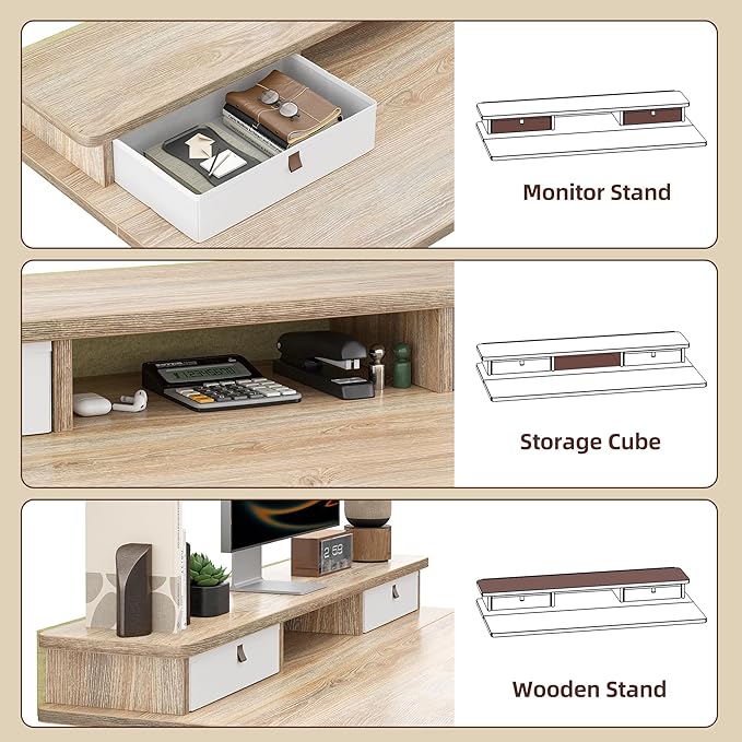 TIQLAB Standing Desk with Two Drawers, Stand Up Standing Desk Adjustable Height, Electric Sit Stand Table with Storage Shelf and Splice Board, 48 * 24 inch, Maple