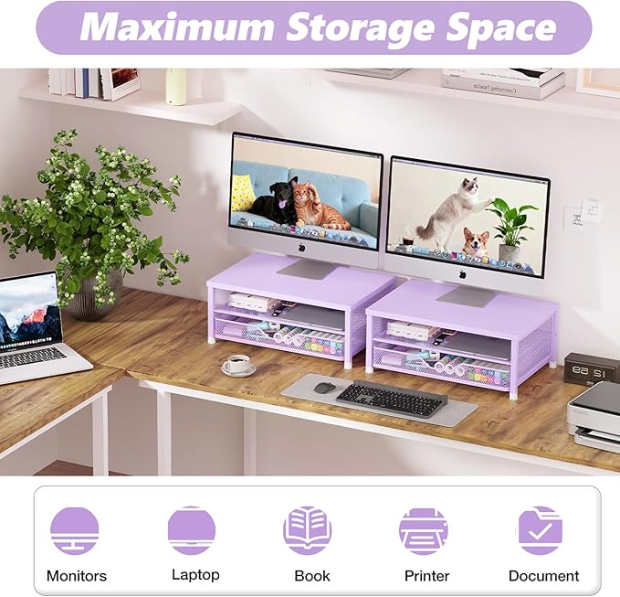 OPNICE Computer Monitor Stand Riser, Desk Organizer with Drawer, Laptop Stand, Office Desk Accessories & Workspace Desktop Organizers Storage for Office Supplies(Purple)