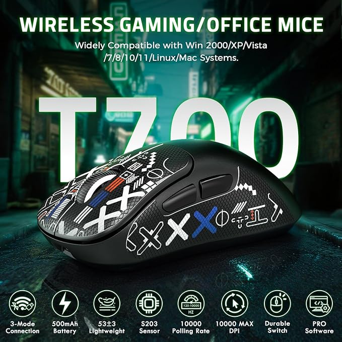ZIYOU LANG×HXSJ T700 Wireless Gaming Mouse,Adjustable 10000 DPI 1K Optical Sensor,2.4G/BT/USB-C 6 Programmed Buttons,500mAh 56g Lightweight Ergonomic Computer Mice for PC/Laptop/Mac-Black&Griptape