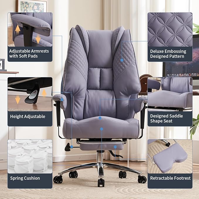 EXCEBET Big and Tall Office Chair 400lbs Wide Seat, Leather High Back Executive Office Chair with Foot Rest, Ergonomic Chairs Lumbar Support for Lower Back Pain Relief (Light Purple)