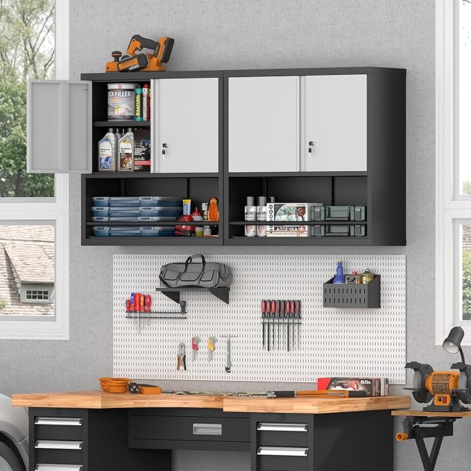 Metal Cabinet Wall Mounted, Garage Storage Cabinet Heavy Duty, Metal Tool Cabinets with Doors and Shelves, Steel Wall Mounted Storage for Basement, Shop
