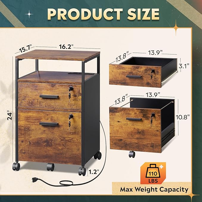 DEVAISE 2 Drawer File Cabinet with Lock, Charging Station & Adjustable Shelf, Rustic Wood Filing Cabinet, Mobile Printer Stand for A4/Letter Size Home Office, Brown