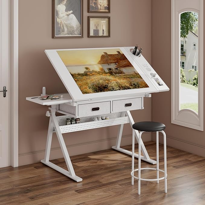 Drafting Table, Height Adjustable Drawing Table Art Table with Stool, 0-75° Tilted Tabletop Artist Desk Painting Table with Storage for Home Office School, Type 4-All White
