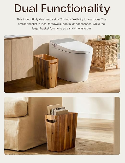 TIDITA Set of 2 Acacia Wood Waste Basket for Bedroom - Small Wooden Trash Can for Bathroom, Rustic Bathroom Decor - Waste Paper Basket with Handle, 2PCS Wood Trash Can, Office Trash Cans for Near Desk