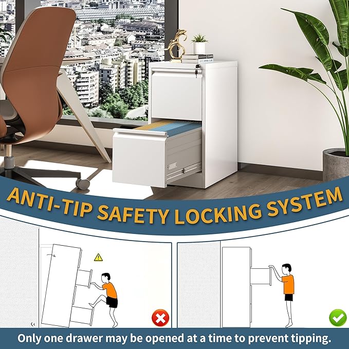 2 Drawer File Cabinet with Lock, Vertical Filing Cabinets for Home Office, Metal Storage Cabinets, Heavy Duty File Cabinet for Letter/Legal/A4/F4 Size Amsseble Required, White