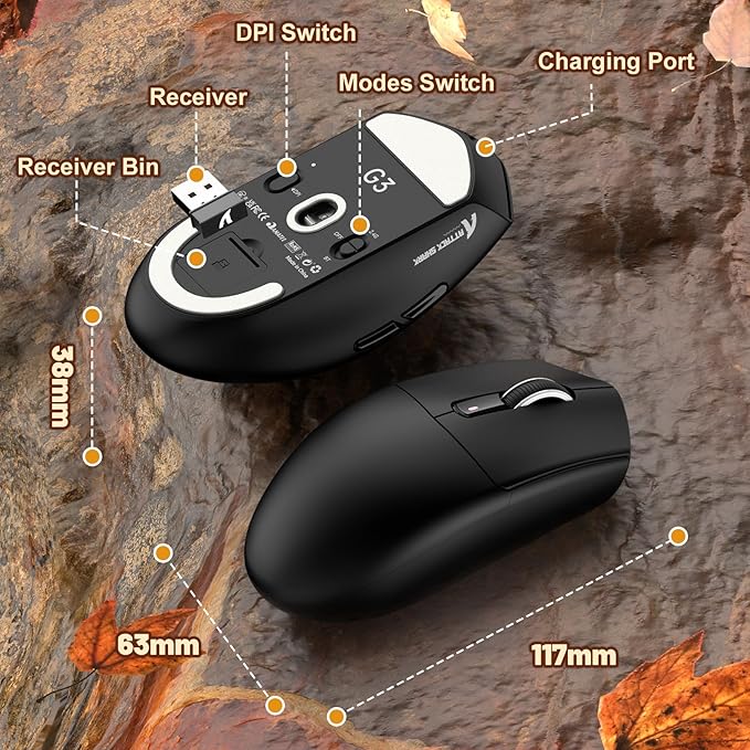 MAMBASNAKE Attack Shark G3 Wireless Gaming Mouse with Tri Mode Wired/2.4Ghz/BT,59g Ultra-Lightweight,25000 DPI,1000 Polling,PixArt PAW3311 Sensor,500mAh Long Battery,Programmable for PC Gamer(Black)