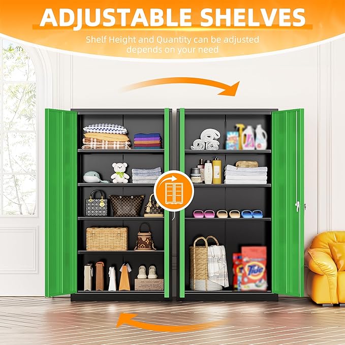 INTERGREAT Metal Lockable Storage Cabinet, 72” H Storage Cabinet with 2 Doors and 4 Adjustable Shelves for Office, Home, Garage, Pantry (Assembly Required, 18”D, Black Green)