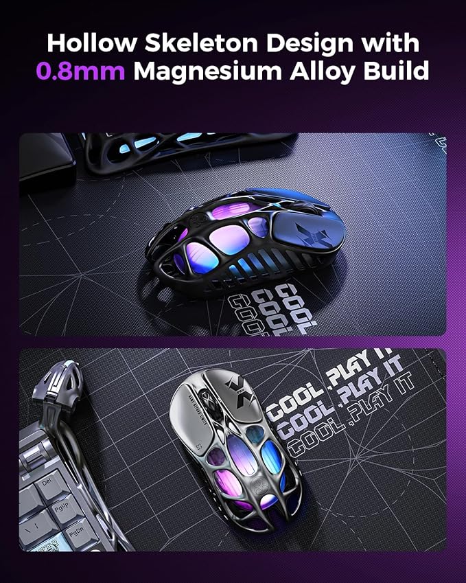 GravaStar Mercury X Pro Wireless Gaming Mouse, Come with 8K Dongle – 32,000 DPI PAW 3950 Sensor, 8,000Hz Polling Rate, Only 49g, Magnesium Alloy Hollow Frame, RGB Lighting, 5 Programmable Buttons