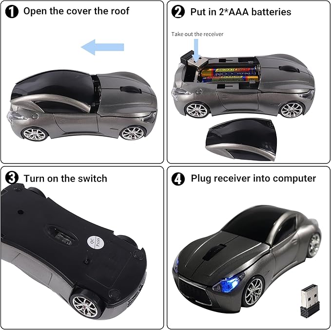 elec Space Wireless Car Mouse with LED Headlights, 2.4G Unique Car Mouse for Kids, 1600 DPI Cute Gaming Mouse for Laptop PC Computer - Grey