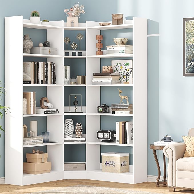 Semoic 6 Tiers Corner Bookshelf and Bookcase with Baffle, 63.1" Tall Modern L-Shaped Storage Display Book Shelf Industrial Bookshelves for Bedroom, Living Room, Kitchen, Home Office, White