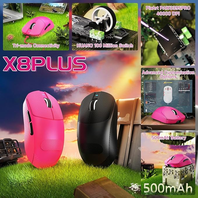 MAMBASNAKE×Attack Shark X8 Plus Wireless Gaming Mouse,55g Lightweight Triple Mode Ergonomic Gaming Mouse,PAW3395PRO 40K DPI Optical Sensor,150h Battery Life,Griptape Programmable Buttons for PC/Mac
