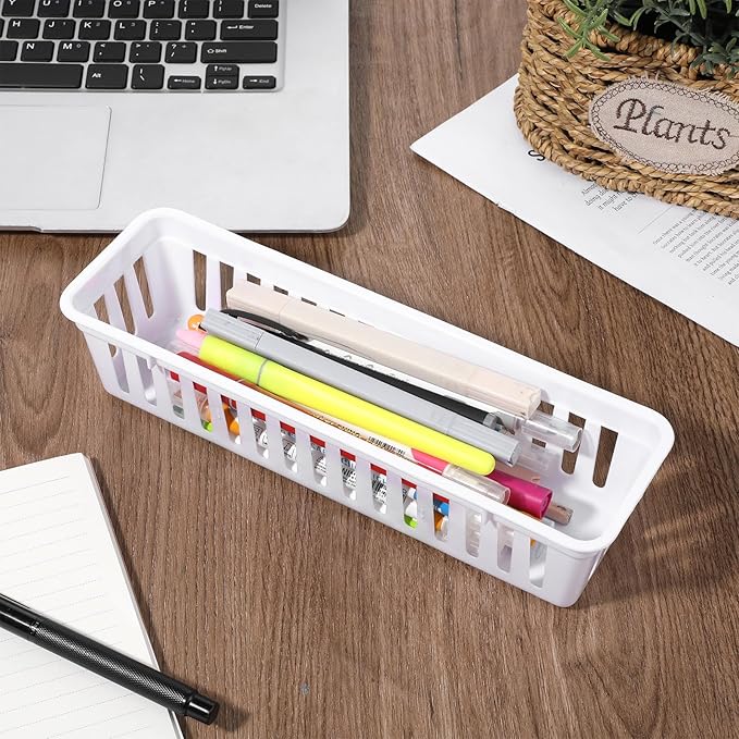 15 Pack Plastic Storage Baskets for Organizing Small Narrow Storage Bins Stackable Drawer Organizer Desk Garage Kitchen Cabinet Containers Pencil Holder Trays for Classroom
