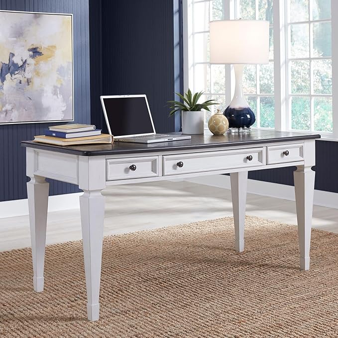 Liberty Furniture Allyson Park Writing Desk with Keyboard Tray 2 Drawers Cottage Home Office - Wirebrushed White Charcoal Tops Oak Wood