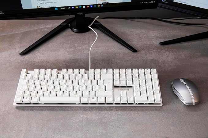 Cherry KC 200 MX, Wired Mechanical Office Keyboard, Modern Design with Elegant Aluminum Surface, USB-A Connection, MX2A Brown Switches, White/Silver
