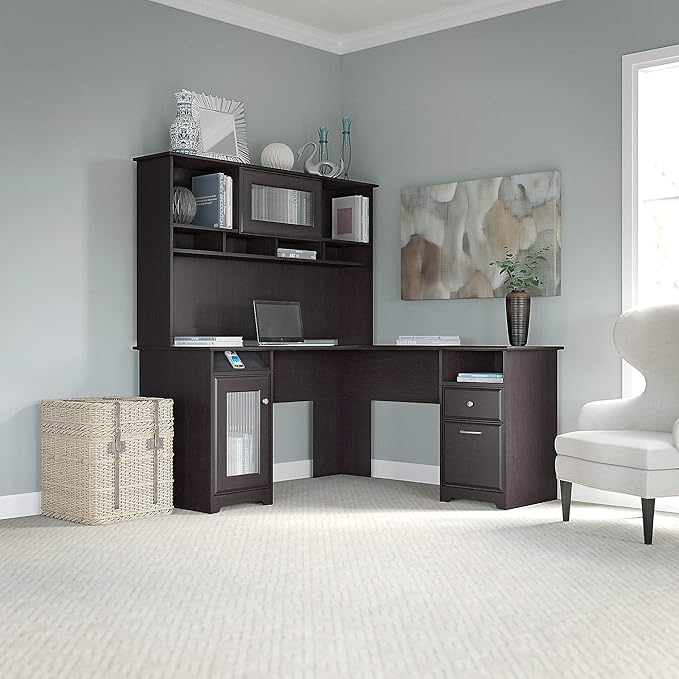 Bush Home Cabot L Shaped Desk with Hutch, Corner Desk with Storage for Home Office in Espresso Oak, 60W L Shaped Computer Desk