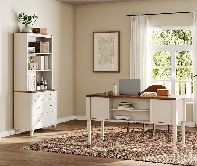 WAMPAT Home Office Furniture Set, 56" Executive Desk with Charging Station, 72" Tall Bookcase with 3 Drawers, Wood Computer Desk with File Cabinet Storage, Open Shelf, White