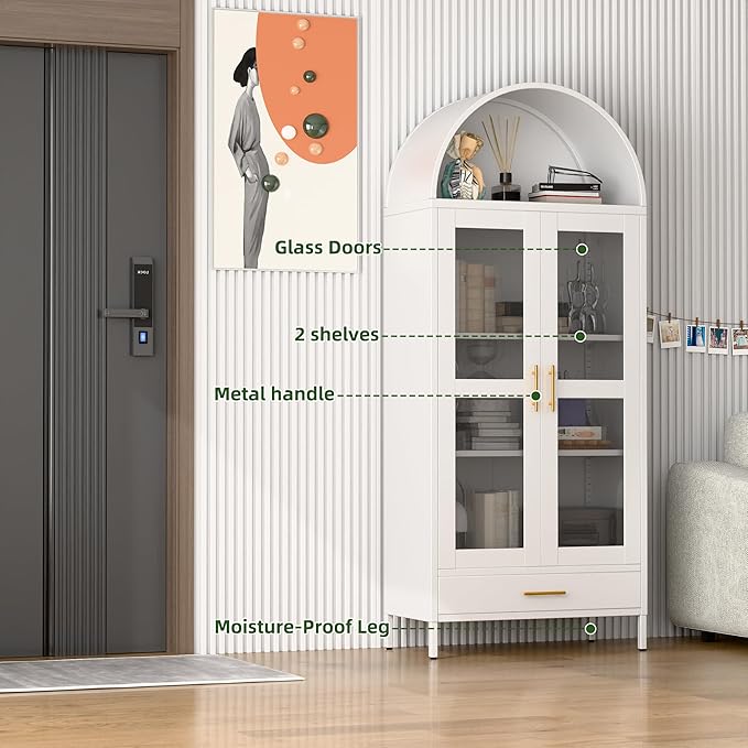 VEXPOR 73" Tall Arched Display Cabinet with Glass Doors, Metal Arched Curio Cabinet with Drawer for Living Room, Home Office, Assembly Required, White