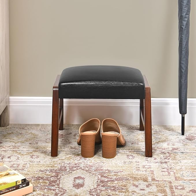 Small Foot Rest Ottoman, 11.8" H PU Leather Rectangle Foot Stool with Non-Skid Wood Legs, Small Foot Step Footstool Sofa Footrest for Couch, Desk, Office, Black