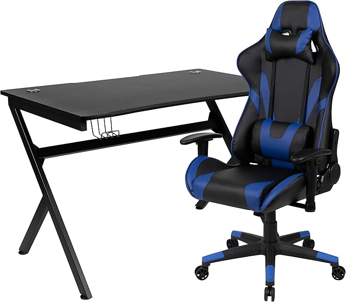 Flash Furniture Black Gaming Desk and Blue/Black Reclining Gaming Chair Set with Cup Holder, Headphone Hook & 2 Wire Management Holes