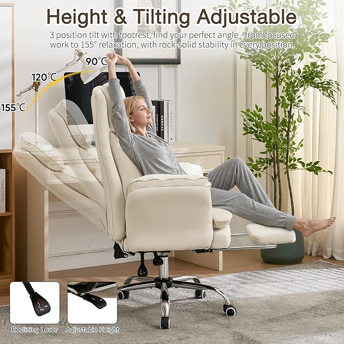 Ergonomic Cloud Cross Legged Office Chair with Footrest,Leather Big and Tall Executive Chair with Wheels,Reversible Armrest,155° Reclining Computer Wide Desk Chair for Home,Office (Beige)