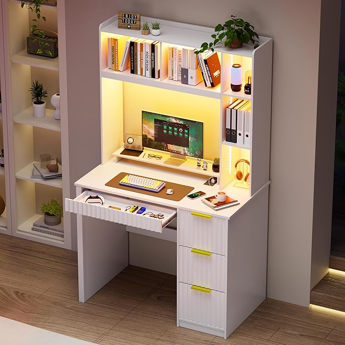 WOOVIVS Home Office Desk with Hutch & LED Lights - 39" Computer Desk with Charging Station, 3 Large Drawers, Hidden Compartment & Fluted Panel Design,White Writing Desk for Bedroom, Study