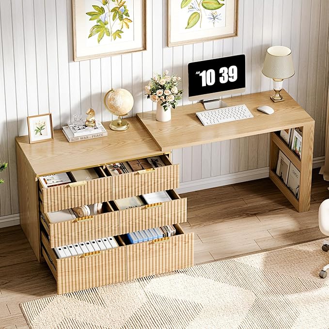 Ieejdn L Shaped Standing Desk,47" Home Office Desks, Executive, Farmhouse Computer Desk with 6 Drawers File Drawer, Rustic Computer Writing, Oak