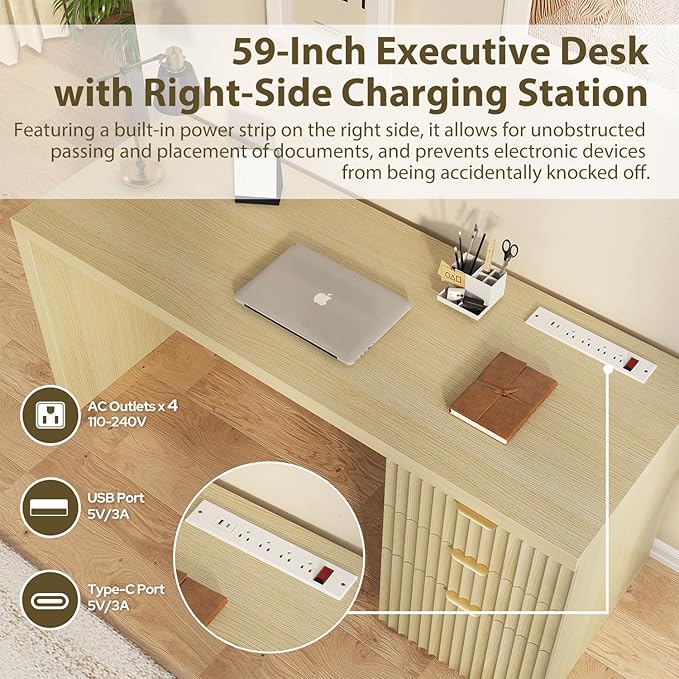 60" Fluted Executive Desk with Ample File Drawer & Large Charging Station, Wood Modern Home Office Desk with Storage, Computer Writing Desk for Work, Living Room, Bedroom, Durable & Sturdy, Natural