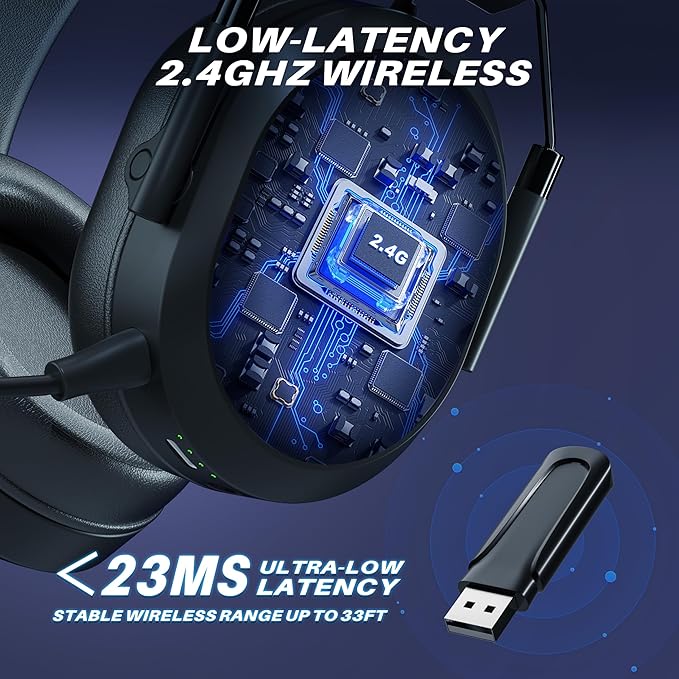 Wireless Gaming Headset for PS5 PS4, Bluetooth 2.4GHz Headphones with Noise Cancelling Mic, 23ms Low Latency Audio, 50+ Hrs & Surround Sound Memory Foam for Switch, Laptop, Mobile, Mac (rgb black)
