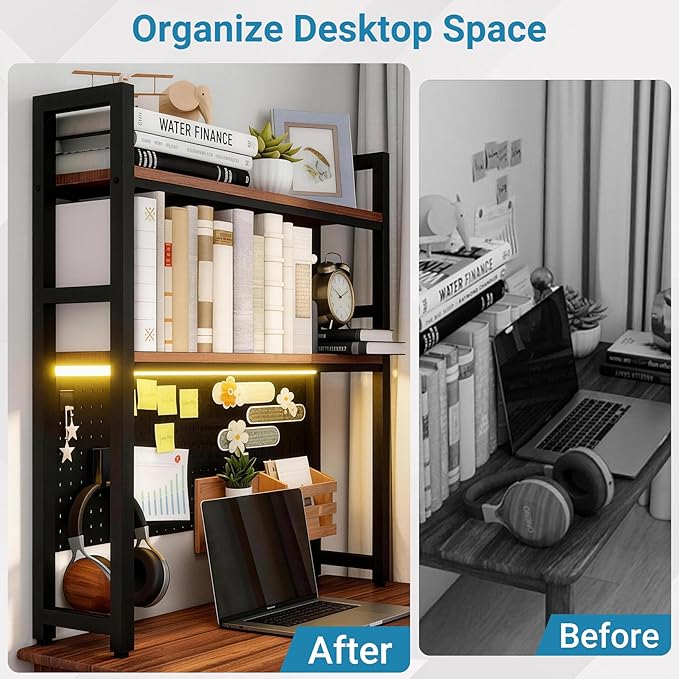 2 Tier Desktop Hutch Bookshelf with LED Light Strip, 39.4" Metal Dorm Desk Hutch with Pegboard Hooks Set, Display Desk Shelf Bookcase Storage Organizer Rack for Dorm Home Office